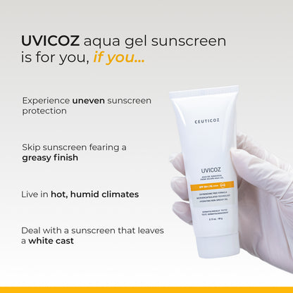 Uvicoz Aqua Gel Sunscreen SPF 50+ PA++++ | No White Cast, Water Light