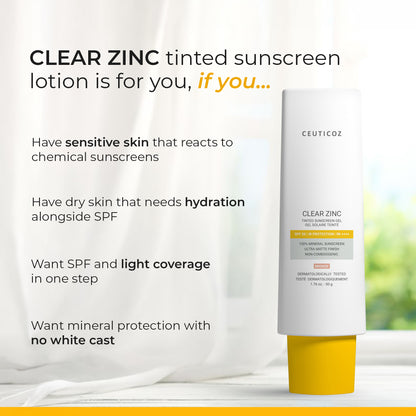 Ceuticoz Clear Zinc Tinted Sunscreen Lotion SPF 50+ | Dry Skin, PA++++