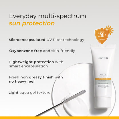 Uvicoz Aqua Gel Sunscreen SPF 50+ PA++++ | No White Cast, Water Light